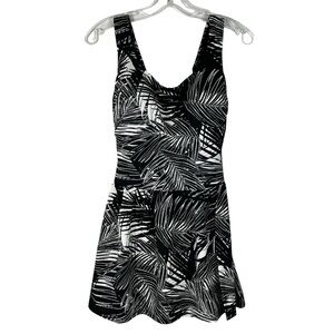 Swimsuits For All Black & White Palm Leaf Floral Layered Swim Dress Plus Size 14